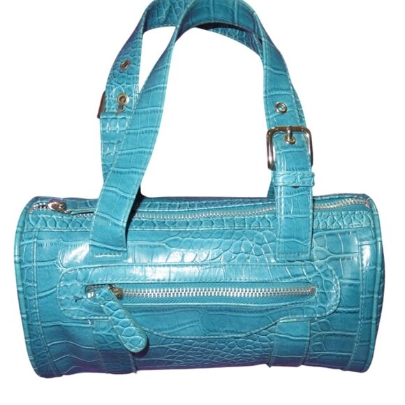 Turquoise Blue Y2K Snakeskin Embossed Vegan Leather Barrel Bag - Picture 1 of 13